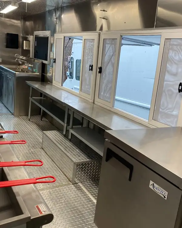 Double Kitchen — service windows and work table